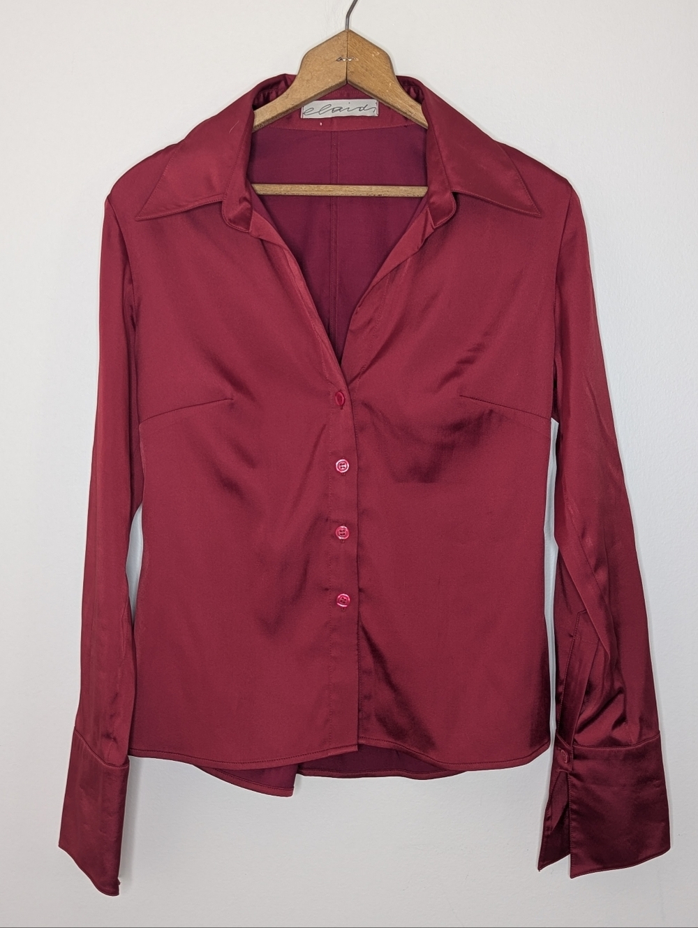 Elaidi Women's Satin Blouse Cranberry Red Bell Sleeves Turkish Brand Y2K *FLAW*